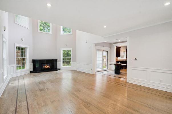 Empty room, Fireplace, Interior, Recessed Lighting, Wood Texture Flooring