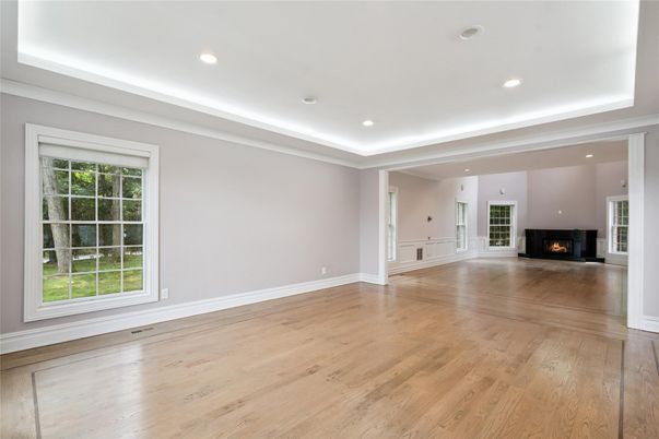 Empty room, Fireplace, Interior, Recessed Lighting, Wood Texture Flooring