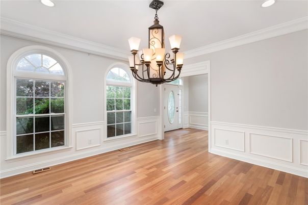 Chandelier, Empty room, Interior, Recessed Lighting, Wood Texture Flooring