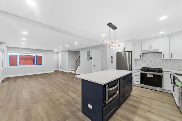 Interior, Kitchen, Pendant Lights, Recessed Lighting, Stainless Steel Appliances, Wood Texture Flooring