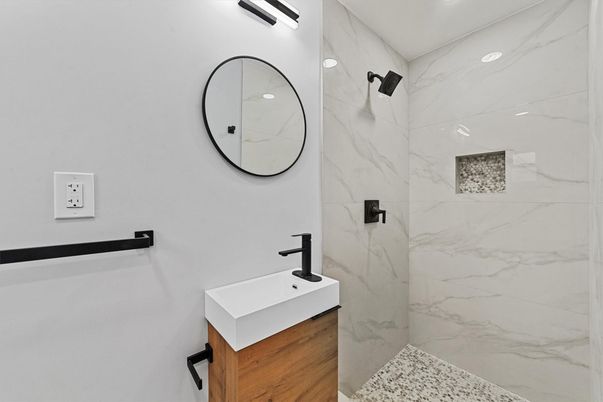 Bathroom, Glass Shower, Interior, Marble Walls, Recessed Lighting