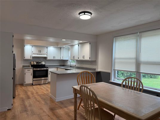 Dining room, Interior, Kitchen, Stainless Steel Appliances, Wood Texture Flooring