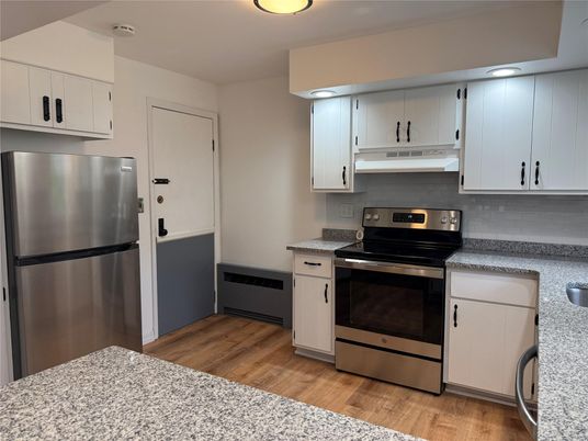 Interior, Kitchen, Recessed Lighting, Stainless Steel Appliances, Wood Texture Flooring