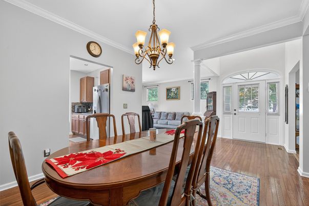Chandelier, Dining room, Interior, Wood Texture Flooring