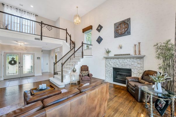 Chandelier, Fireplace, Interior, Living room, Recessed Lighting, Wood Texture Flooring