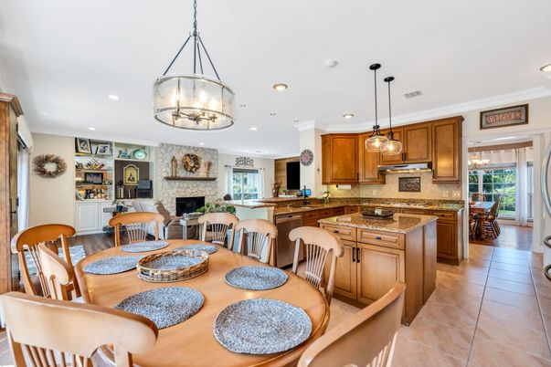 Dining room, Fireplace, Interior, Kitchen, Pendant Lights, Recessed Lighting