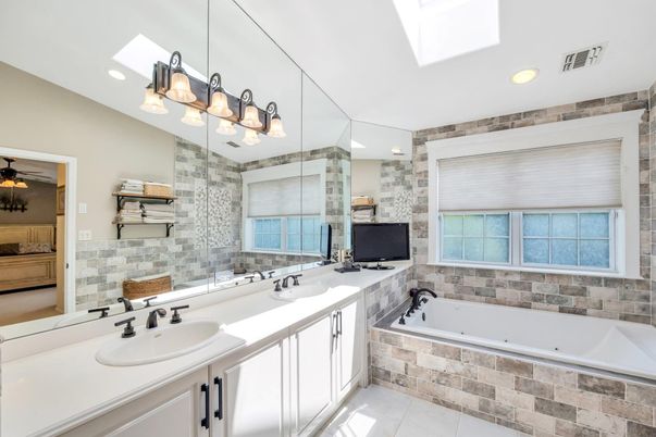 Bathroom, Dual Sink Vanities, Glass Shower, Interior, Pendant Lights, Recessed Lighting