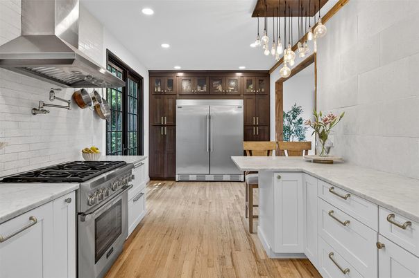 Interior, Kitchen, Pendant Lights, Recessed Lighting, Stainless Steel Appliances, Wood Texture Flooring