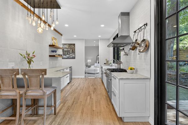 Interior, Kitchen, Pendant Lights, Recessed Lighting, Stainless Steel Appliances, Wood Texture Flooring