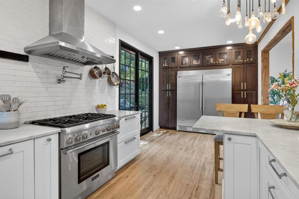Interior, Kitchen, Pendant Lights, Recessed Lighting, Stainless Steel Appliances, Stone Walls, Wood Texture Flooring