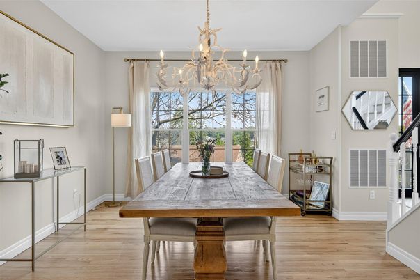 Chandelier, Dining room, Interior, Wood Texture Flooring