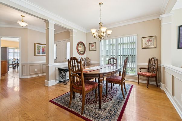Chandelier, Dining room, Interior, Wood Texture Flooring