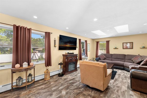 Fireplace, Interior, Living room, Recessed Lighting, Wood Texture Flooring