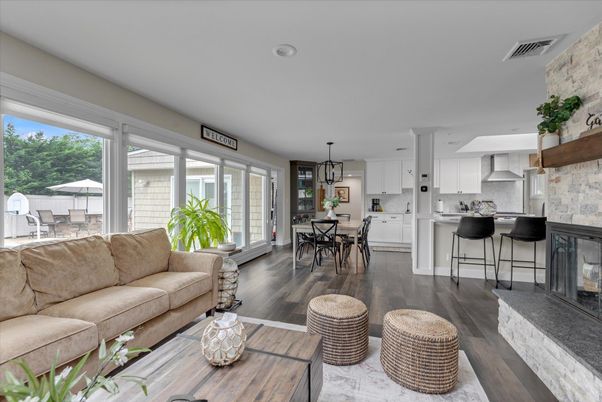 Dining room, Fireplace, Interior, Kitchen, Living room, Pendant Lights, Recessed Lighting, Stone Walls, Wood Texture Flooring