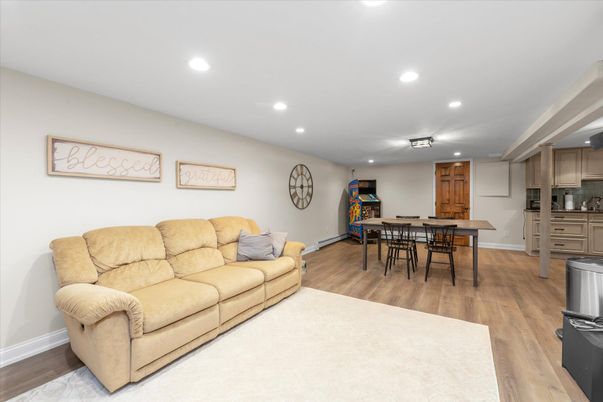 Dining room, Interior, Kitchen, Living room, Recessed Lighting, Wood Texture Flooring