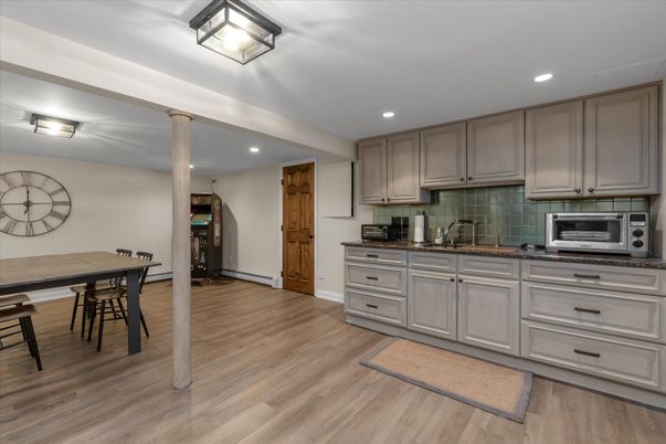 Dining room, Interior, Kitchen, Recessed Lighting, Wood Texture Flooring