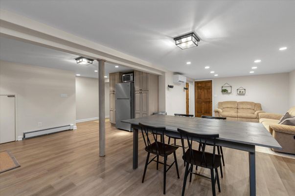 Dining room, Interior, Kitchen, Recessed Lighting, Wood Texture Flooring