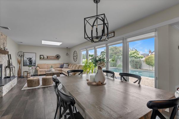 Dining room, Interior, Living room, Pendant Lights, Wood Texture Flooring