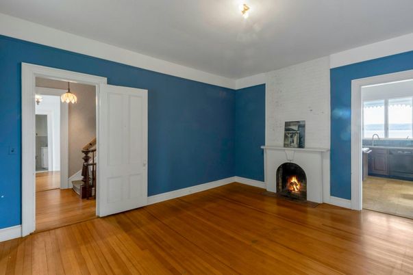 Empty room, Fireplace, Interior, Pendant Lights, Wood Texture Flooring