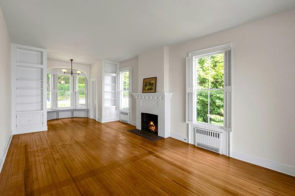 Empty room, Fireplace, Interior, Pendant Lights, Wood Texture Flooring