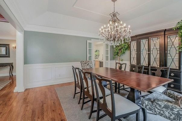 Chandelier, Dining room, Interior, Wood Texture Flooring