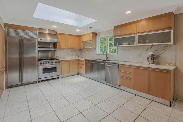 Interior, Kitchen, Marble Walls, Recessed Lighting, Stainless Steel Appliances