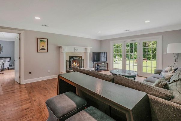 Fireplace, Interior, Living room, Recessed Lighting, Wood Texture Flooring