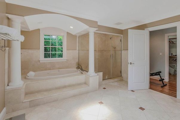 Bathroom, Glass Shower, Interior, Recessed Lighting, Wood Texture Flooring