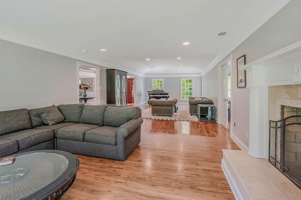 Fireplace, Interior, Living room, Piano, Recessed Lighting, Wood Texture Flooring