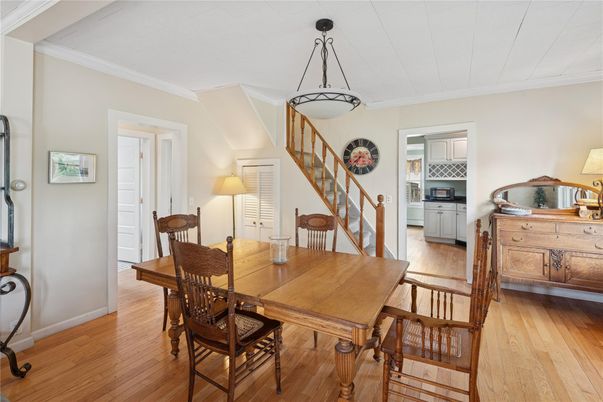 Dining room, Interior, Pendant Lights, Wood Texture Flooring