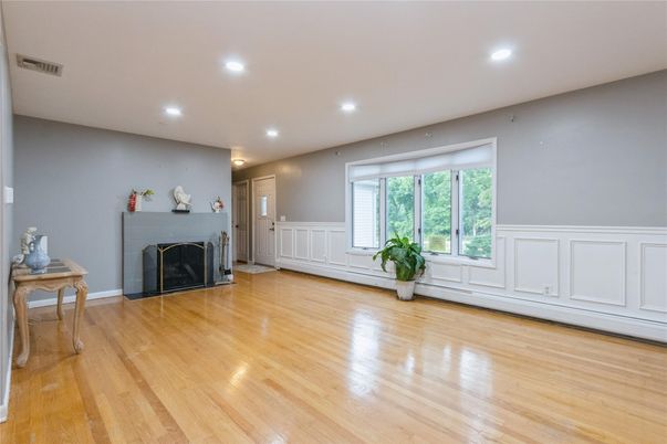Empty room, Fireplace, Interior, Recessed Lighting, Wood Texture Flooring