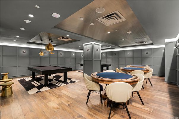 Billiard Table, Game Room, Interior, Pendant Lights, Recessed Lighting, Wood Texture Flooring