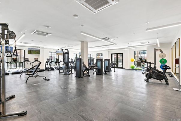 Fitness Equipment, Gym, Interior, Recessed Lighting, Wood Texture Flooring