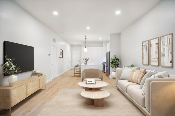 Interior, Kitchen, Living room, Pendant Lights, Recessed Lighting, Wood Texture Flooring