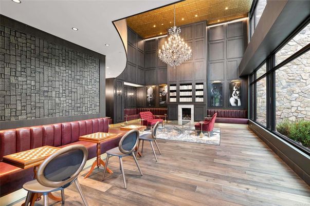 Chandelier, Dining room, Fireplace, Interior, Living room, Recessed Lighting, Stone Walls, Wood Texture Flooring