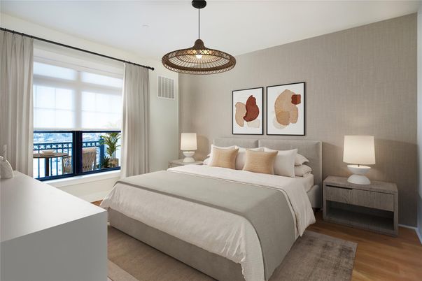 Bedroom, Interior, Pendant Lights, Water, Wood Texture Flooring