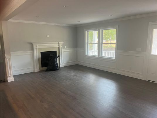 Empty room, Fireplace, Interior, Recessed Lighting, Wood Texture Flooring