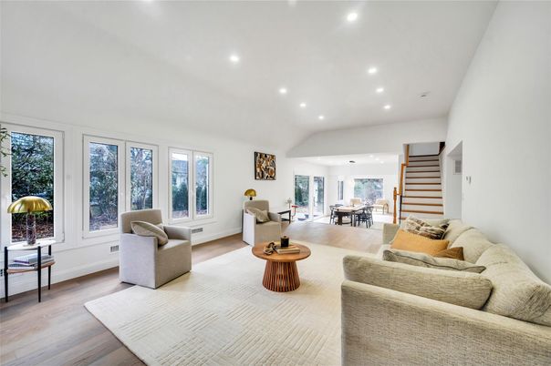 Dining room, Interior, Living room, Pendant Lights, Recessed Lighting, Wood Texture Flooring