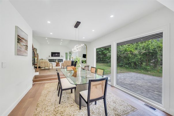 Dining room, Interior, Pendant Lights, Recessed Lighting, Wood Texture Flooring