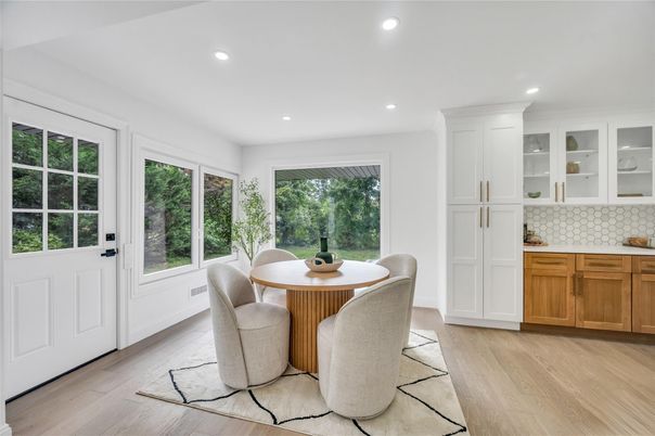 Dining room, Interior, Recessed Lighting, Wood Texture Flooring