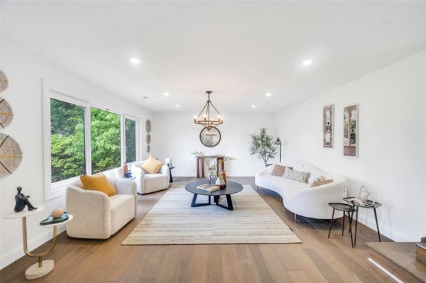 Dining room, Interior, Living room, Pendant Lights, Recessed Lighting, Wood Texture Flooring