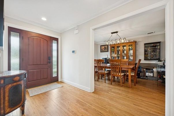 Dining room, Interior, Pendant Lights, Recessed Lighting, Wood Texture Flooring