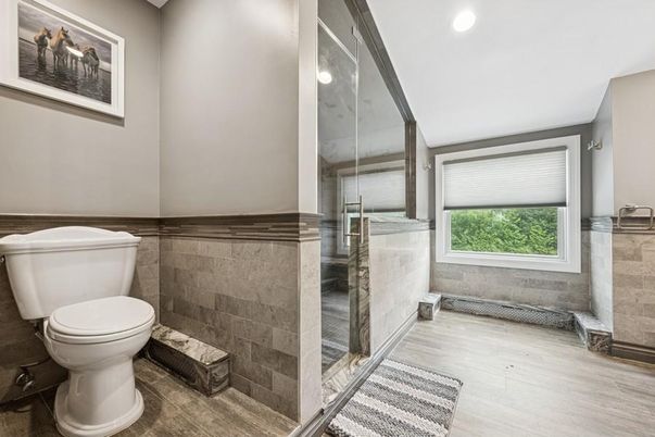 Bathroom, Glass Shower, Interior, Recessed Lighting, Wood Texture Flooring