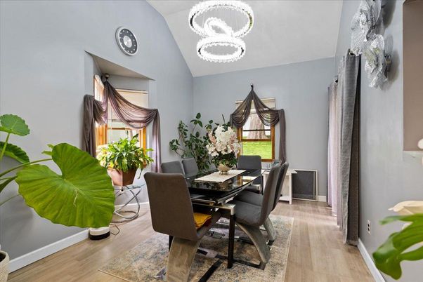 Dining room, Interior, Pendant Lights, Wood Texture Flooring