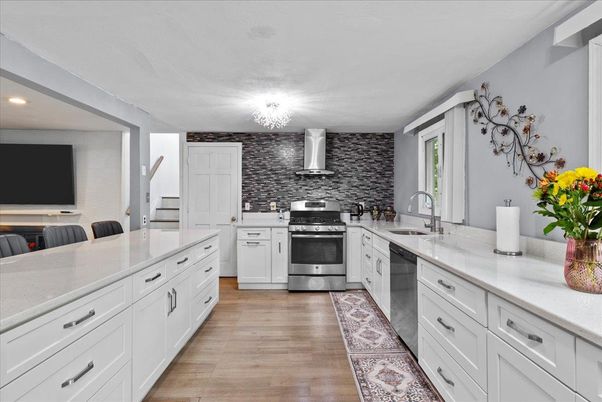 Chandelier, Interior, Kitchen, Recessed Lighting, Stainless Steel Appliances, Wood Texture Flooring