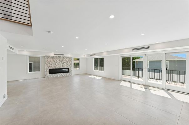 Empty room, Fireplace, Interior, Recessed Lighting, Stone Walls