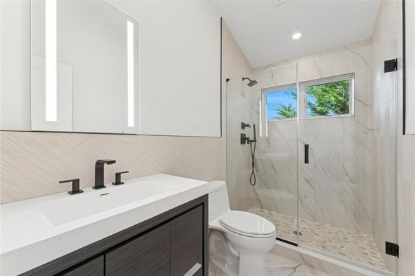 Bathroom, Glass Shower, Interior, Marble, Marble Walls, Recessed Lighting