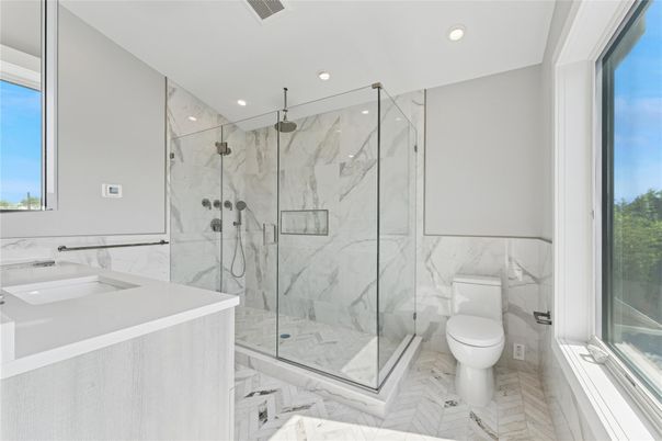 Bathroom, Glass Shower, Interior, Marble, Marble Walls, Recessed Lighting
