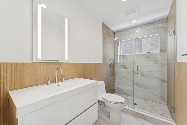 Bathroom, Glass Shower, Interior, Marble, Marble Walls, Recessed Lighting