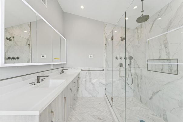Bathroom, Glass Shower, Interior, Marble, Marble Walls, Recessed Lighting